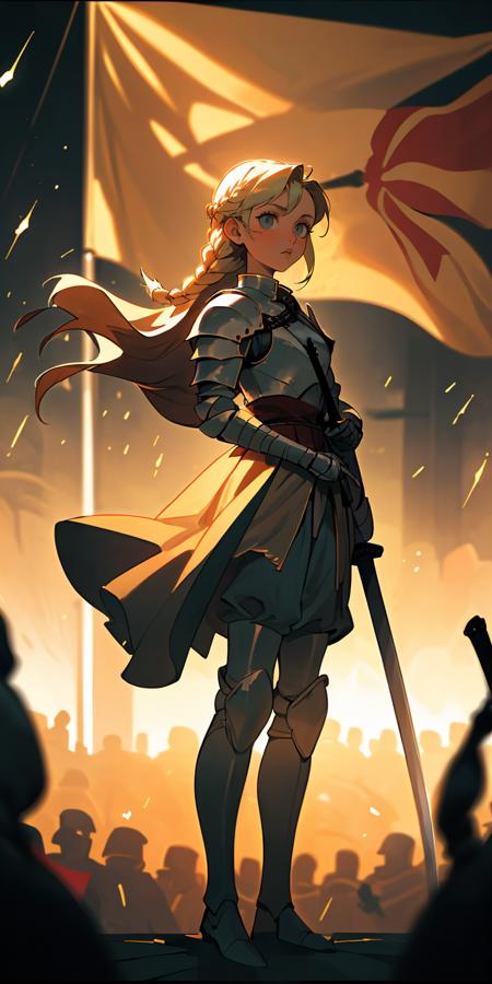 01982-2262569921-(best quality, masterpiece), 1girl, standing, knight with a sword, Soldiers, Golden City, in crowd, flags, (depth of field_1.3),.png